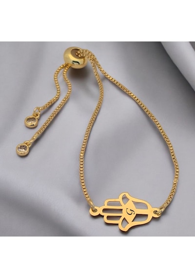 G Harfine Özel Hamsa Motifli 14 Ayar Altın Plakalı Zincirli Hediye Bileklik-497harf G