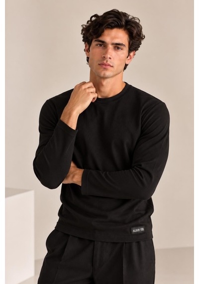 Alexandergardi Bisiklet Yaka İnce Fitilli Basic Sweatshirt Siyah