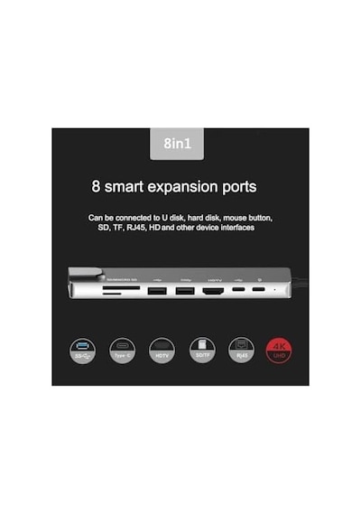 Cf10 Macbook Uyumlu Type-c To 4k Hdmı 2 Type-c 2 Usb 3.0 Ethernet Lan 2 Sd 8ın1 Çevirici Hub Adaptör