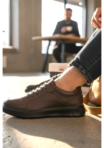 Enoch Hakiki Deri Bağcıklı Erkek Sneaker Ayakkabı Ortopedik Taban Kahverengi