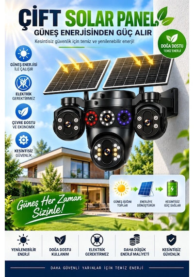 20mp 4 Lensli Solar Güvenlik Kamerası 16x Dijital Zoom Çift Solar Panel Full Hd Gece Görüş Siren Hieasy