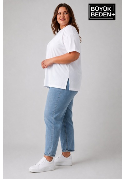 Superlife Büyük Beden Kadın Bisiklet Yaka Yırtmaç Detaylı 3xl-6xl Tunik Tişört Spr26btsk501 Beyaz
