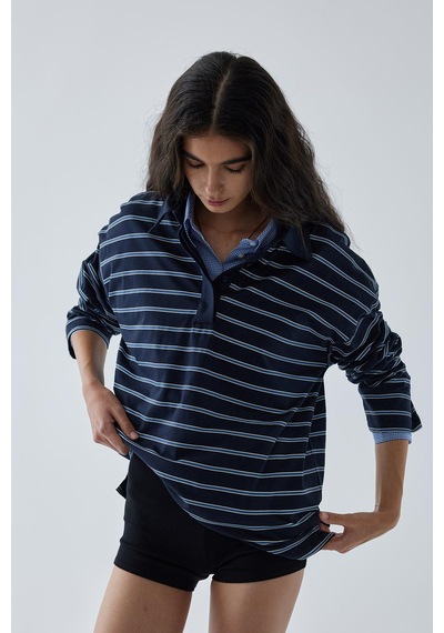 Suud Collection Lacivert Çizgili Polo Yaka Tişört