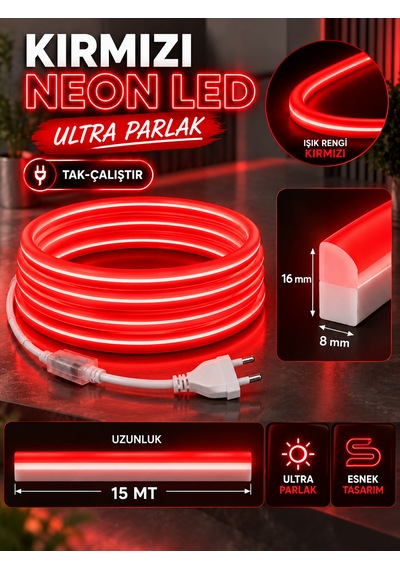15 Metre Tak Çalıştır Kırmızı Renk Neon Led Borsan 220v Neon Led Kırmızı Montaj Aparatı Dahil