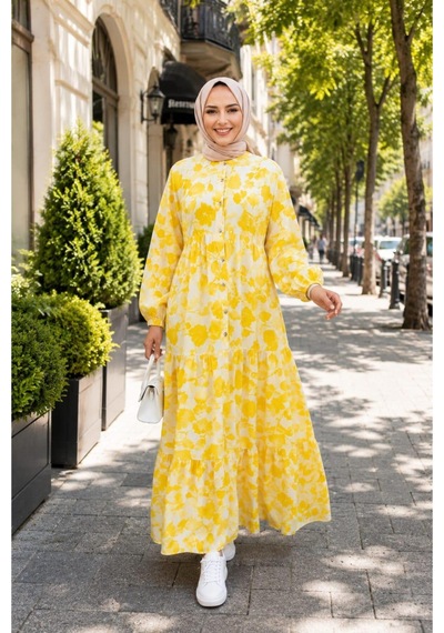 Hb Harma Time Butik Kadın Düğmeli Desenli Modal Kumaş Sarı Elbise Hardal Hardal