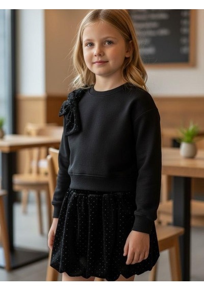Zekids Kız Çocuk Yumuşak Dokulu Büyük Fiyonk Detaylı Işıltılı Etekli Takım-16437 Siyah