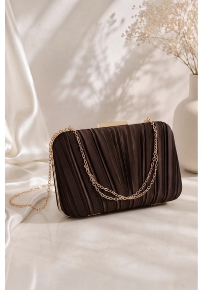 Famels Kadın Özel Model Pilse Desenli Abiye Çanta , Clutch Portföy El Gece Düğün Nişan Abiye Çantası Kahverengi