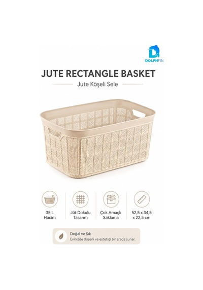 Jute Köşeli Sele Sepet 35 L 52,5x34,5x22,5 Cm Çamaşır Oyuncak Saklama Taşıma Sepeti Bej