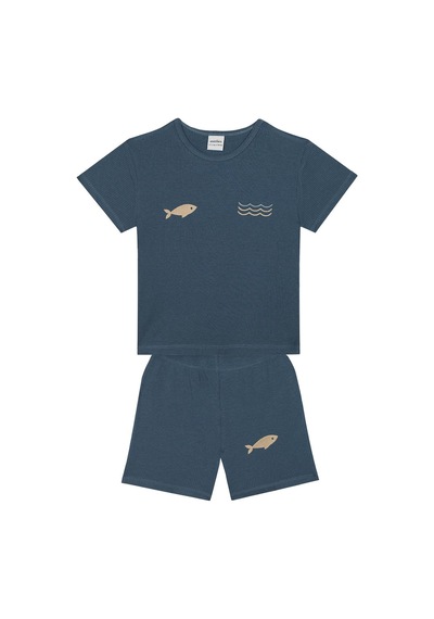 Antebies Bambu, Sustainable, Mavi,balık Nakışlı Kısa Kollu Erkek Çocuk Tshirt Şort Takımı Lacivert