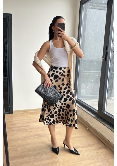 Mixray 4647 Kadın Beli Lastikli Leopar Saten Etek Bej
