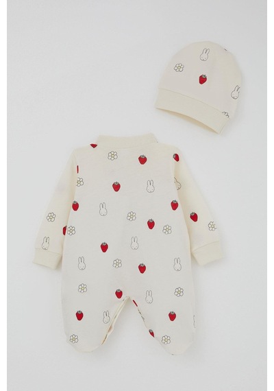 Breeze Kız Bebek Patikli Tulum Sevimli Tavşancık & Çilek Desenli 0-6 Ay, Ekru Ekru