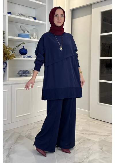 Rabia Şamlı Miray Triko-modal Pantolonlu Takım Lacivert Normal
