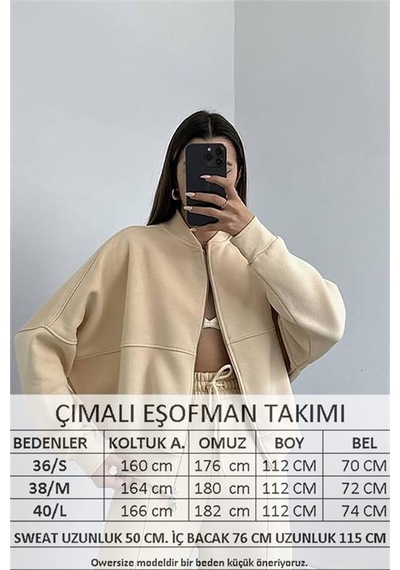 Neşeli Butik Kadın Penye 3 İplik Şardonlu Kumaş Eşofman Takım Gts022 - Bej Bej