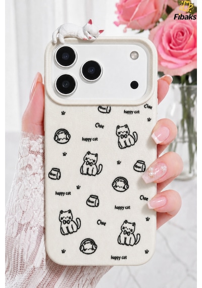 Fibaks iPhone 17 Pro Max Uyumlu Kılıf 3d Uyuyan Kedi Figürlü Happy Cat Desenli Darbe Emici Esnek Silikon Krem