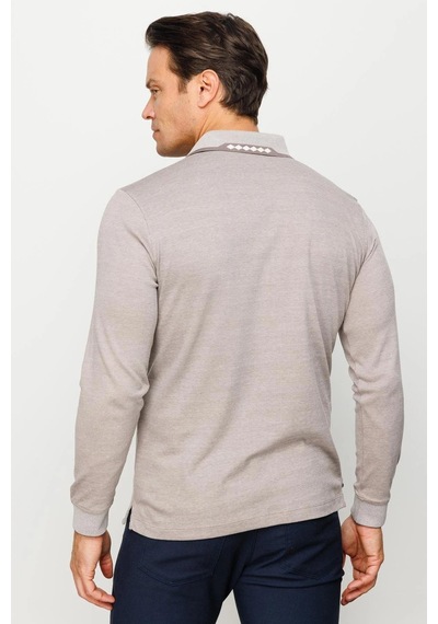 Desen Triko Erkek Polo Yaka Kare Desenli Uzun Kollu Sweatshirt Bej Bej