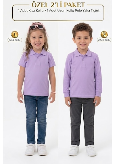 Nacar Store Unisex Çocuk Uzun Ve Kısa Kollu Polo Yaka Okul Tişörtü 2'li Set Lila