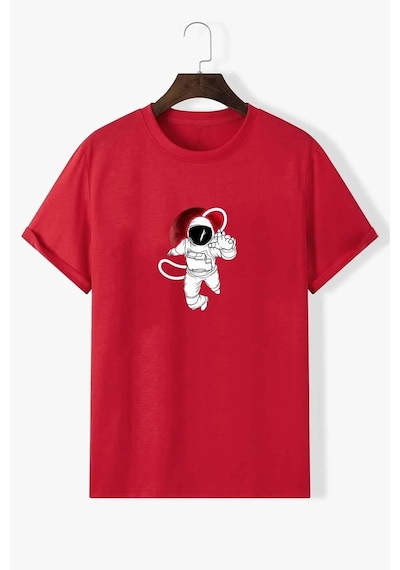 Unisex Nasa Baskılı Tasarım Tshirt Kırmızı
