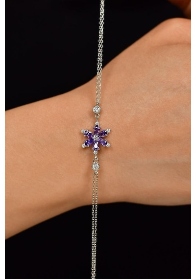 Roza Silver Ametist Taşlı Rodyum Lotus Çiçeği Gümüş Bileklik