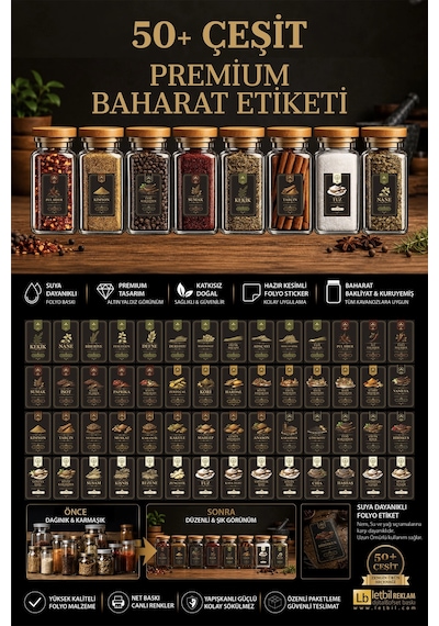 57 Çeşit Premium Baharat Etiketi Seti Suya Dayanıklı Folyo Kavanoz Sticker Siyah