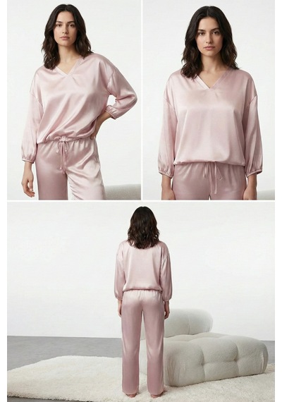 Pudra Renk Bağcıklı Saten Dokuma Pijama Takımı Pembe