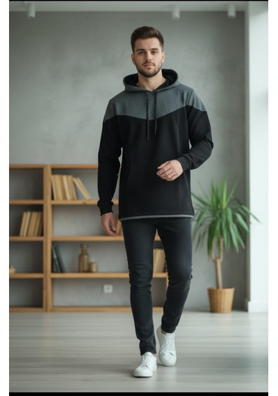 Gri Siyah Erkek Kapüşonlu Sweatshirt Antrasit-siyah