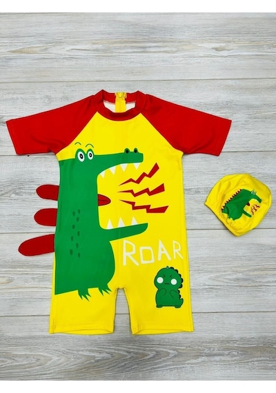 My Kids Wear Tatlı Dino Temalı Boneli Erkek Çocuk Mayo Takımı Sarı - Kırmızı