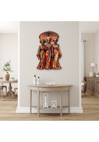 Şemsiye Altında Üç Afrikalı Kadın - Metal Tablo - Dec0272 62 X 95 Cm Çok Renkli