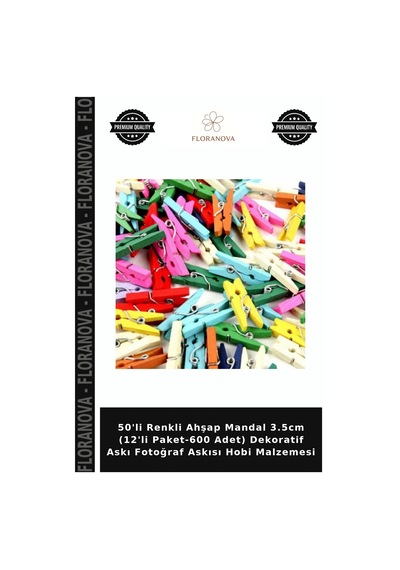 50'li Renkli Ahşap Mandal 3.5cm 12'li Paket-600 Adet Dekoratif Askı Fotoğraf Askısı Hobi Malzemesi