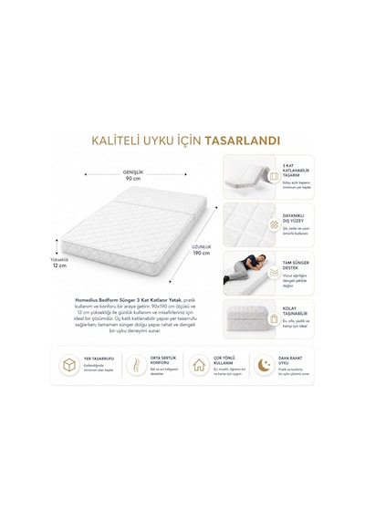 Bedform Sünger 3 Kat Katlanır Yatak 90x190x12 90 x 190