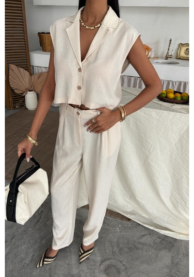 WeShaya Kadın Ekru Kolsuz Polyester Crop Dokuma Takım Ekru