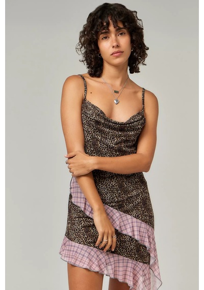 Nature The Brand Leopar Desenli Asimetrik Kesim Mini Elbise Leopar