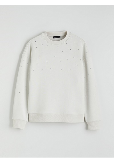 Lcw Vision Bej Bisiklet Yaka Taşlı Oversize Kadın Sweatshirt