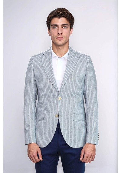 Açık Mavi Çizgili Keten Dokulu Gold Renk Metal Düğmeli Slim Fit Erkek Blazer Ceket Wessi Navy Blue Açık Mavi Çizgili Keten Dokulu Gold Renk Metal Düğmeli Slim Fit Erkek Blazer Ceket Wessi Navy Blue