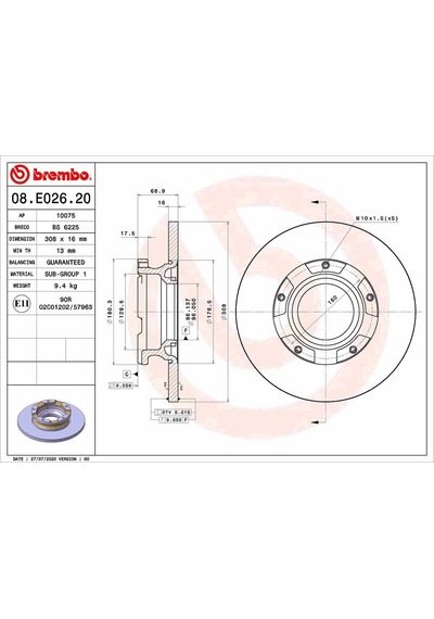 Brembo 08e02620 Arka Fren Dısk Aynası Transıt Custom V362 12 Abs Lı O.ceker Cap 308 16 Bk212a097ea-2012584-2040064 -