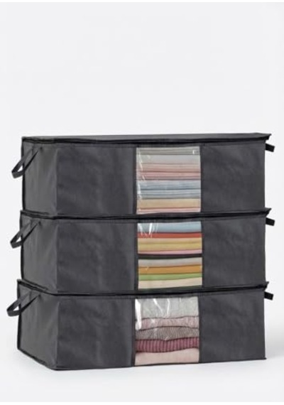 3'lü Siyah Pencereli Hurç Seti 64x45x22 Cm Bez Kumaş Baza Altı Organizer, Şeffaf Pencereli Hurç, Giysi Ve Nevr Diğer