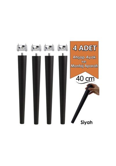 4 Adet Ahşap Ayak 40 Cm Siyah M8 Civatalı Bağlantı Aparatlı Mobilya Tabure Sehpa Masa Destek Ayağı Siyah