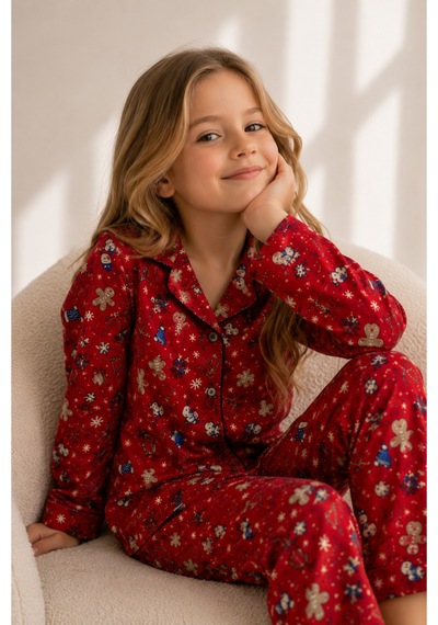 Beka Kids Yılbaşı Desenli Uzun Kollu Önden Düğmeli Gömlek Yaka Kız Çocuk Pijama Takımı Kırmızı Beka Kids Yılbaşı Desenli Uzun Kollu Önden Düğmeli Gömlek Yaka Kız Çocuk Pijama Takımı Kırmızı
