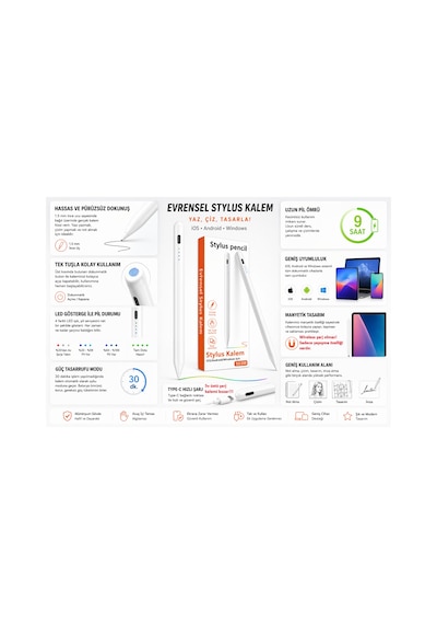 Lenovo Tab K11/m11/m10/m9/m8/m7/p11/p12 Yoga/idea Plus İle Uyumlu Stylus Dokunmatik Tablet Kalemi Beyaz