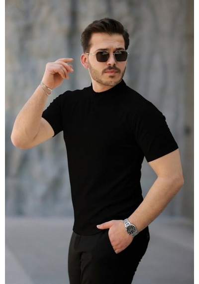 Oada Erkek Kısa Kollu Hakim Yaka Önü Düğmeli Viskon Bluz Siyah