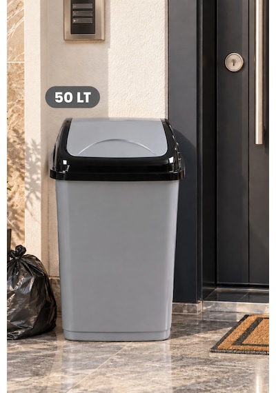 Porsima 1407 50 Lt Vittoria Sallanır Döner Kapaklı Mutfak Ve Banyo Çöp Kovası Gri / Siyah Kapaklı