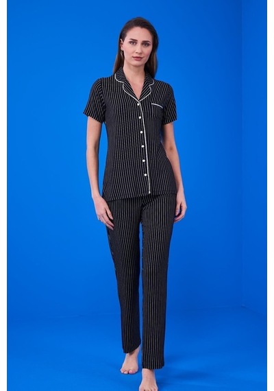 Pjs 23134 Kadın Çizgili Düğmeli Pijama Takım