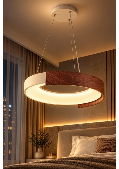 Premıum Modern Ahşap Görünümlü Halka Led Sarkıt Avize 3 Renk Dekoratif Aydınlatma 56w 50 Cm Beyaz