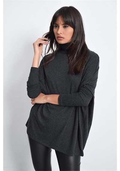 WeShaya Kadın Antrasit Yeni Moda Uzun Kol Oversize Kesim Basic Örme Bluz Antrasit