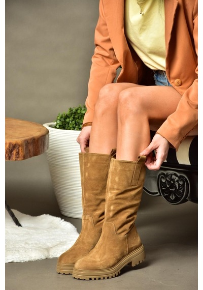 Fox Shoes R555267002 Taba Hakiki Deri Süet Kadın Çizme Taba