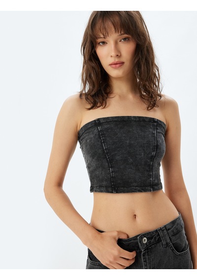 Koton Crop Straplez Büstiyer Soluk Efektli Pamuklu Slim Fit Antrasit 4sak10924ek