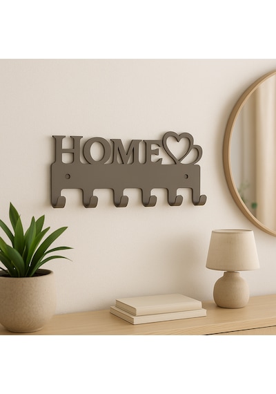 Lunoart Home Yazılı Kalpli Metal Anahtarlık Askısı Duvar Tipi Anahtar Organizer Vizon