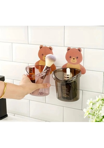 3 Lü Ayı Figürlü Diş Fırçalık Seti Yapışkanlı Duvara Yapışan Banyo Organizer Füme