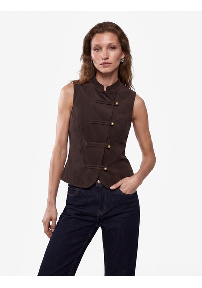 Koton Koton X Selected By Melis Ağazat - Slim Fit Mandarin Yaka Süslü Düğmeli Yelek Kurbağa Kapama Kahverengi Çizgili 7wak20358ew