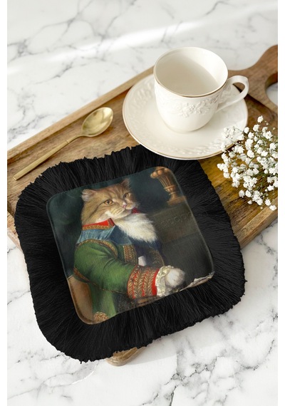 Lüks Kedi Portre Saçaklı Sunum Peçetesi - Aristokrat Retro Siyah Altın Renkli Bardak Altlığı Mendil Çok Renkli