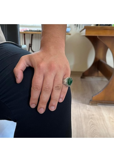 Gerçek Doğal Taş Yüzük - 925 Ayar Gümüş El Yapımı Yüzük Jade Gümüş